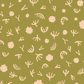 Botanical Print on Olive with Tiny Flowers, Moss, Dandelions, Grass, Wildflower, Forest Nature