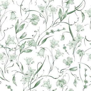  Watercolor wildflowers. Muted green monochrome