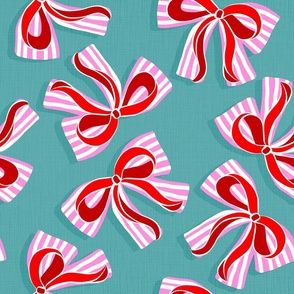 (M) Ditsy Kitsch Red Ribbons on Stripy Pink and White Bows Christmas Party 1. Bondi blue teal