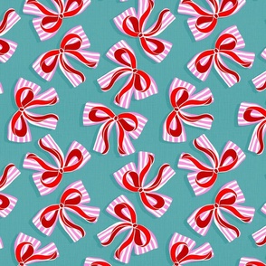 (S) Ditsy Kitsch Red Ribbons on Stripy Pink and White Bows Christmas Party 1. Bondi blue teal