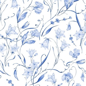  Watercolor wildflowers. Blue monochrome. Toile