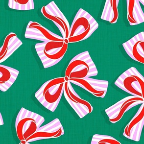 (L) Ditsy Kitsch Red Ribbons on Stripy Pink and White Bows Christmas Party 7. Bottle Green