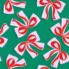 (M) Ditsy Kitsch red Ribbons on Striped pink Bows, bold bottle green, Christmas Holidays decor, Holidays Party, tableware, bold, vibrant, Party wall