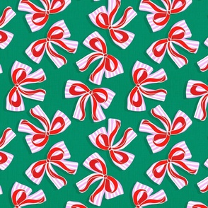 (S) Ditsy Kitsch Red Ribbons on Stripy Pink and White Bows Christmas Party 7. Bottle Green