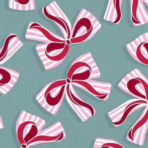(L) Ditsy Kitsch Red Ribbons on Stripy Pink and White Bows Christmas Party 8. Dull muted Teal