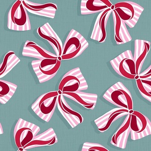 (M) Ditsy Kitsch Red Ribbons on Stripy Pink and White Bows Christmas Party 8. Dull muted Teal