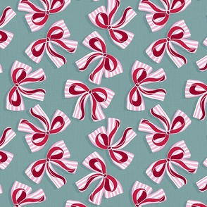 (S) Ditsy Kitsch Red Ribbons on Stripy Pink and White Bows Christmas Party 8. Dull muted Teal