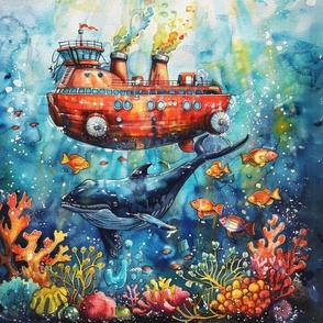 The world of a red submarine around corals, fish and sharks! 