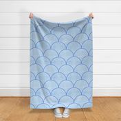 (L) Blue Scallop Shapes on Sky Blue Fabric Textured Background