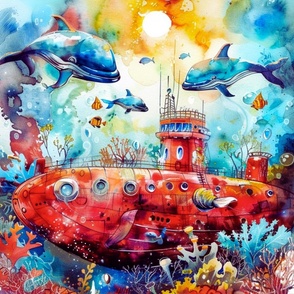 A red submarine emerges from the bottom of the ocean in front of curious whales! 