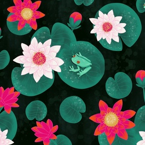 big// Painted Lotus Flowers water lillies and frogs black