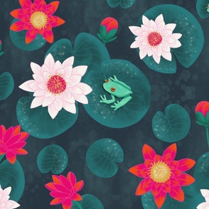 big// Painted Lotus Flowers water lillies and frogs dark blue