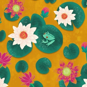 big// Painted Lotus Flowers water lillies and frogs mustard yellow