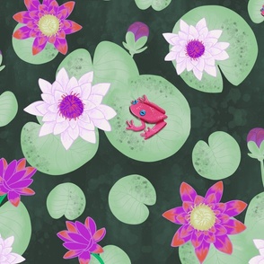 big// Painted Lotus Flowers water lillies and frogs Soft green