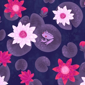 big// Painted Lotus Flowers water lillies and frogs delicious Pink
