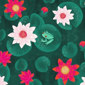 big// Painted Lotus Flowers water lillies and frogs original green