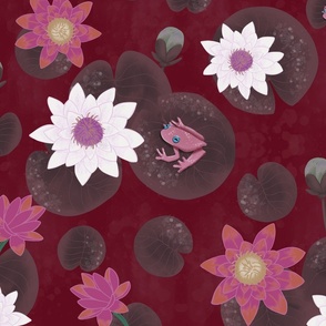 big// Painted Lotus Flowers water lillies and frogs burgundy red