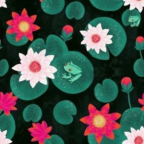 small// Painted Lotus Flowers water lillies and frogs black