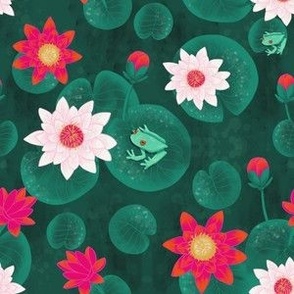 small// Painted Lotus Flowers water lillies and frogs original green