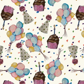 Balloons, cupcakes,  confetti, birthday hats