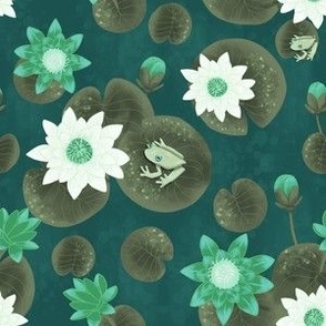 small// Painted Lotus Flowers water lillies and frogs Royal Green