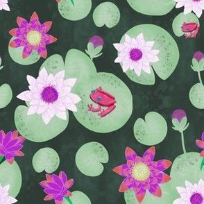 small// Painted Lotus Flowers water lillies and frogs Soft green