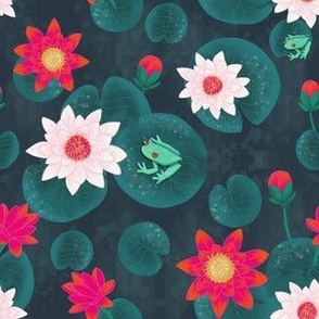 small// Painted Lotus Flowers water lillies and frogs dark blue