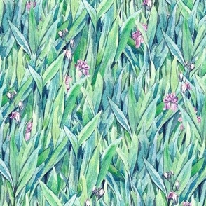Watercolor green grass and flowers