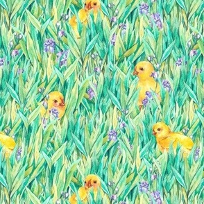Watercolor green grass, yellow chickens and flowers