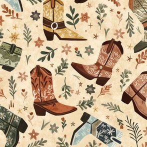 Whimsical wild west - Bohemian cowgirl floral boots in beige and sand texture Large  - boho western cowboy roper boots - bedding, wallpaper, home decor