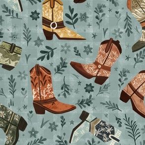 Whimsical wild west - Bohemian cowgirl floral boots in blue jean texture plaid Large  - boho western cowboy roper boots  - bedding, wallpaper, home decor