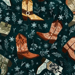 Whimsical wild west - Cowboy and cowgirl boots in dark teal Large   - boho western cowboy roper boots - bedding, wallpaper, home decor
