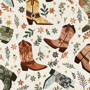 Whimsical wild west - Bohemian cowgirl floral boots in white linen texture Large  - boho western cowboy roper boots - bedding, wallpaper, home decor