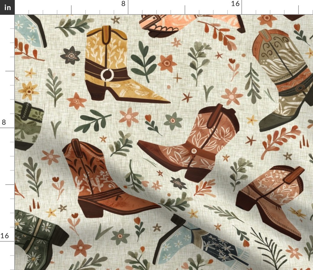 Whimsical wild west - Bohemian cowgirl floral boots in rough green linen texture Large   - boho western cowboy roper boots - bedding, wallpaper, home decor