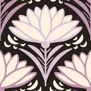 Deco-delight-1920s-art-deco-abstract-lilac-purple-beige-flower-on-dark-moody-dramatic-glamour-gray-XL-jumbo