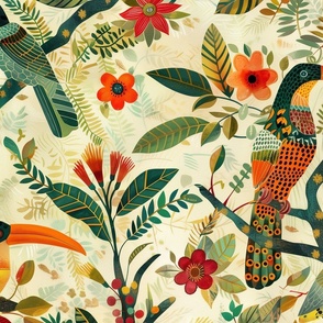 Jumbo Tropical Birds and Florals Pattern