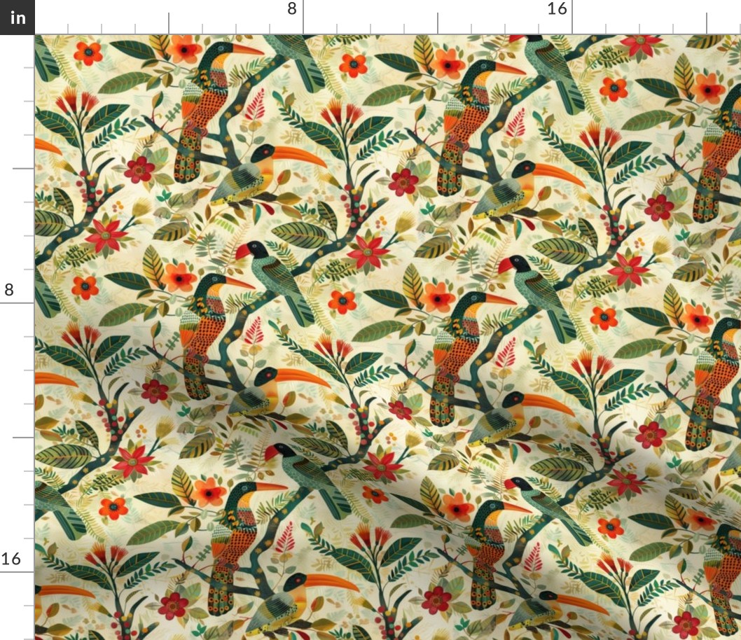 Small Tropical Birds and Florals Pattern