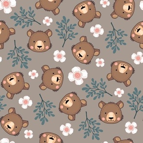 sweet bears 2 two inch baby bear face tossed garden botanical in warm taupe stone grey gray kids childrens clothing and bedding