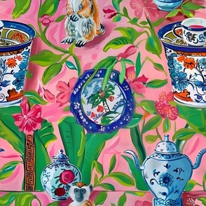 Monkey and chinoiserie porcelain on pink oil painting