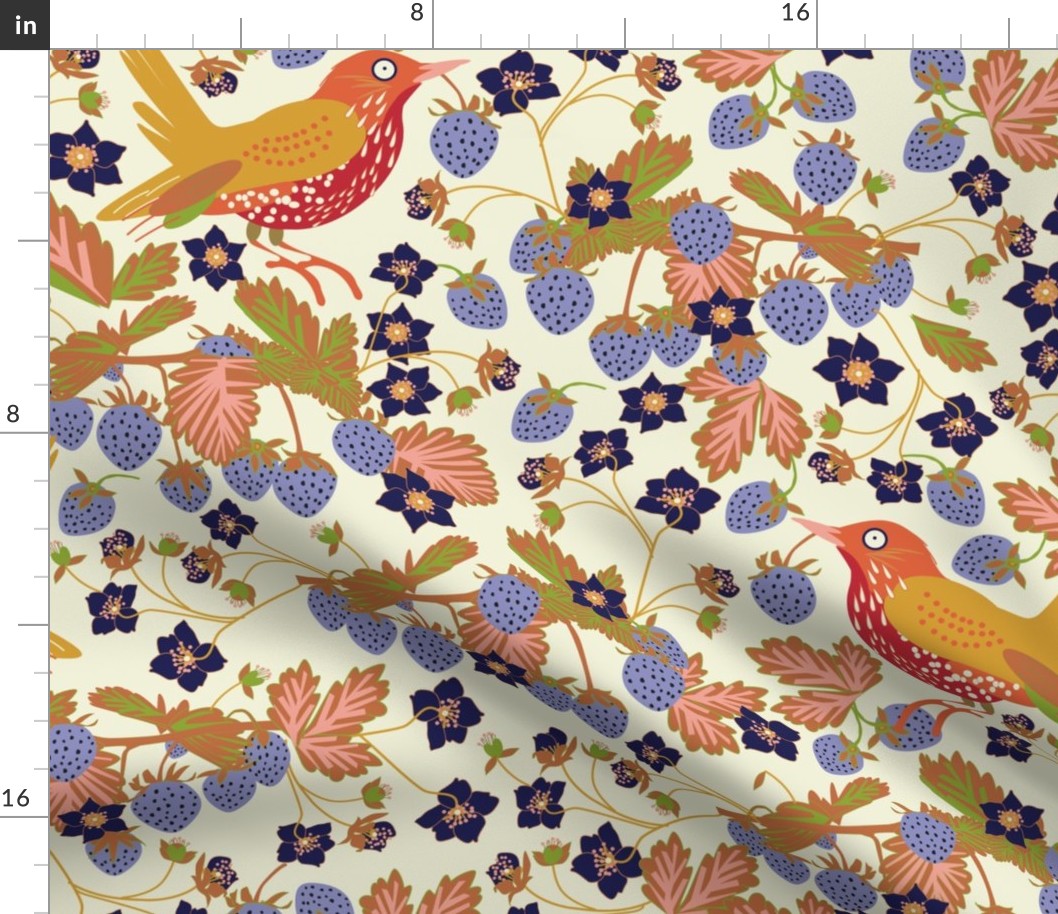 Modern,  Sunny Garden Thrush Birds and Berries for fabric and Wallpaper.
