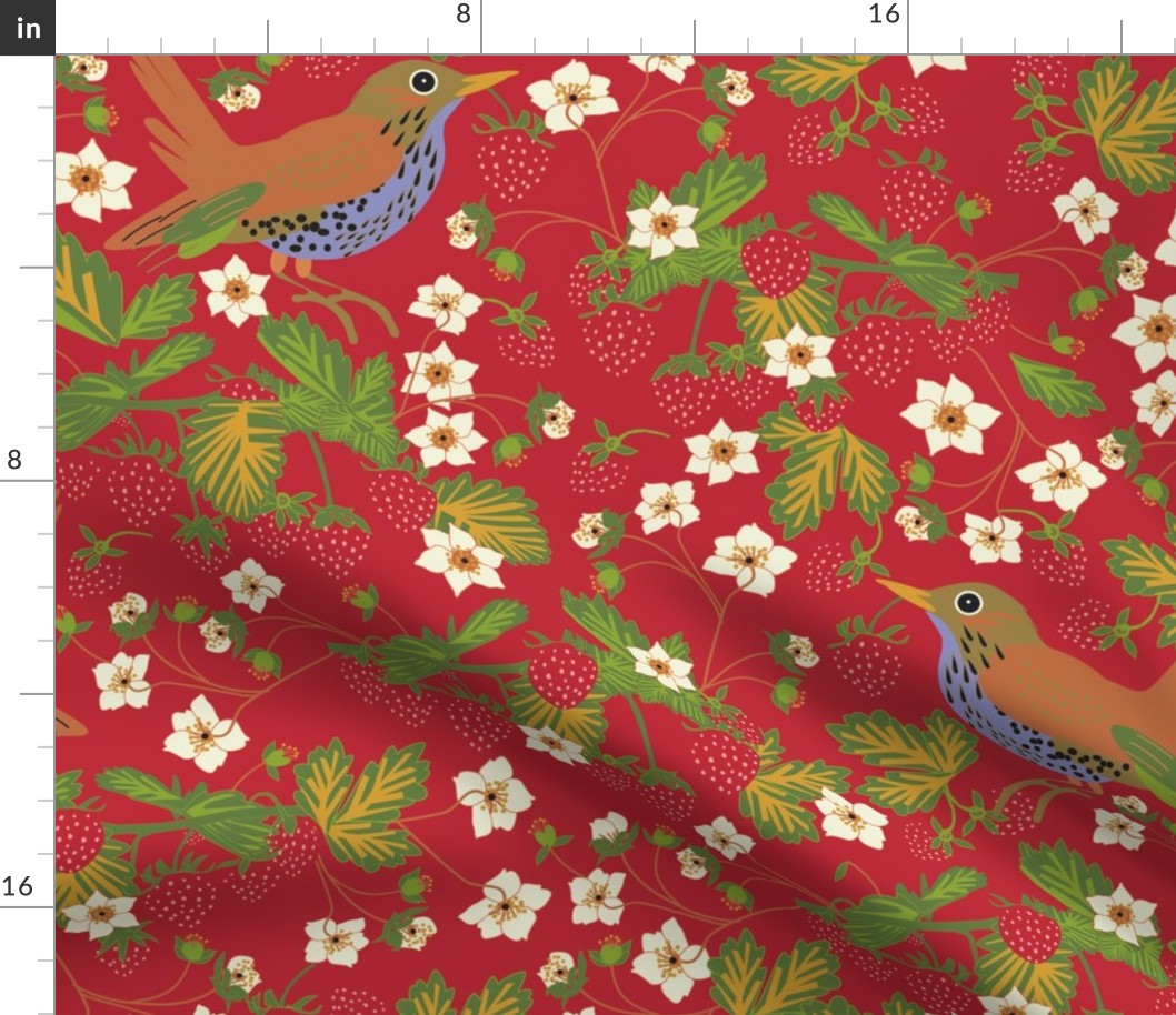 Modern,  Red Strawberry and Bird Pattern by martibetz