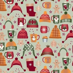 Cozy Winter Hats-Mugs-Gingerbread-Candy Canes on Laurel Green Tint Small Scale