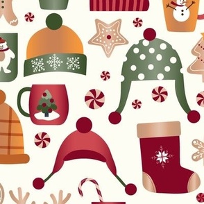 Cozy Winter Hats-Mugs-Gingerbread-Candy Canes on Natural Medium Scale