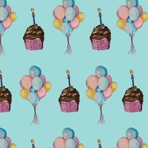 Balloons and Cupcake on a blue background