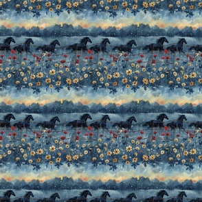 Wild Horses and Wild Flower Floral Themed Design Pattern