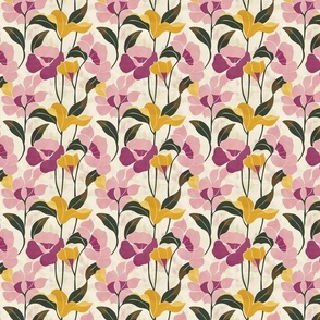 Tiny Modern Pastel Floral Wallpaper - Elegant Blossoms in Pink, Purple, and Yellow