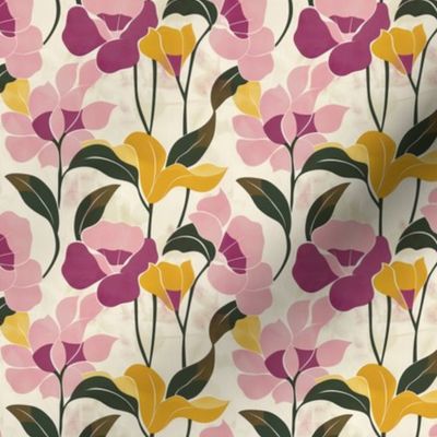 Micro Modern Pastel Floral Wallpaper - Elegant Blossoms in Pink, Purple, and Yellow