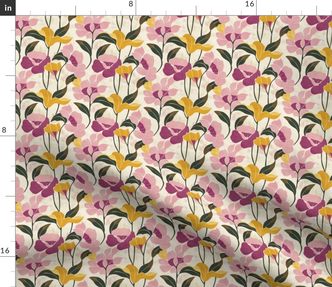 Micro Modern Pastel Floral Wallpaper - Elegant Blossoms in Pink, Purple, and Yellow