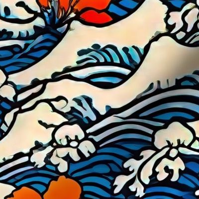 Japanese art beige and blue waves and orange flowersXL