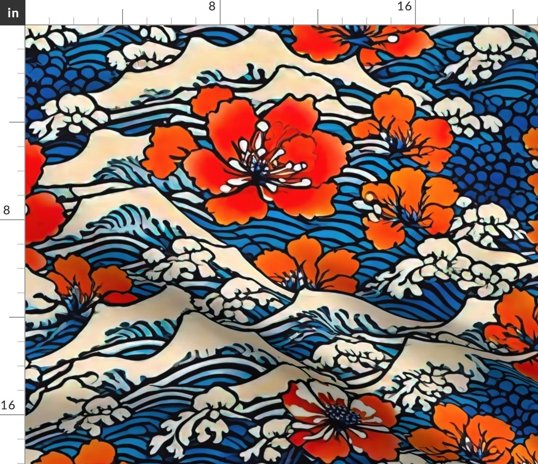 Japanese art beige and blue waves and orange flowersXL